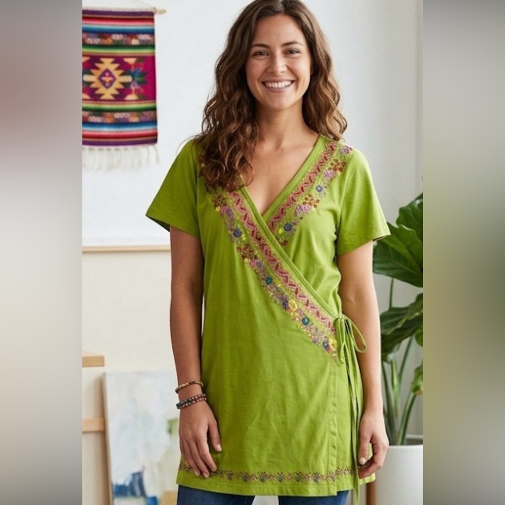 Johnny Was Lime Green Embroidered Wrap Tunic – Boho Short Sleeve Top – Size XL